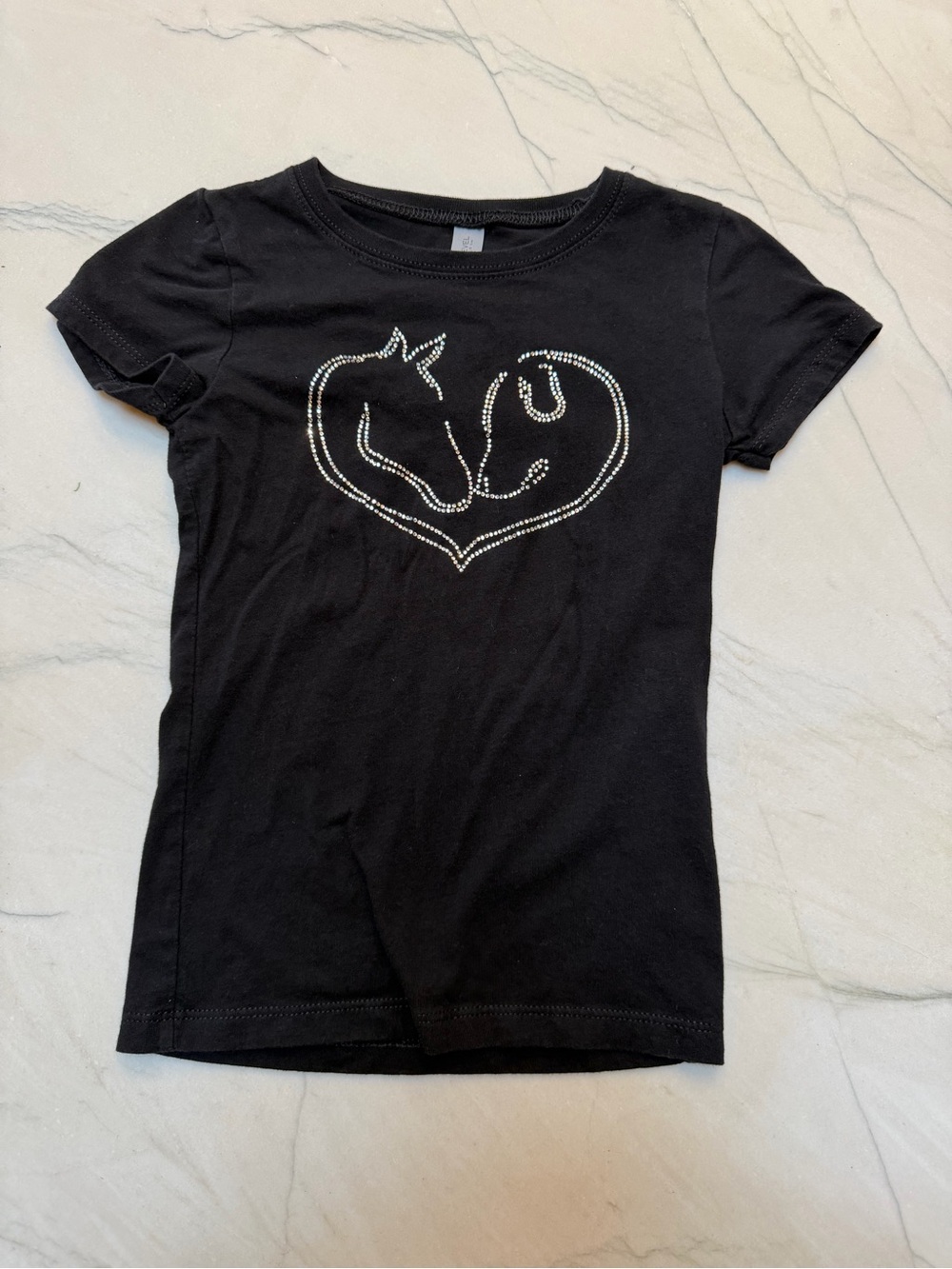Girls Black Short-Sleeve Tee with Rhinestone Horse And Dog Heart